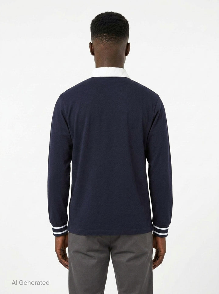 Drôle de Monsieur Slogan Long Sleeve Polo in navy with contrast white collar, striped ribbed cuffs, and 'Not From Paris Madame' chest embroidery - back