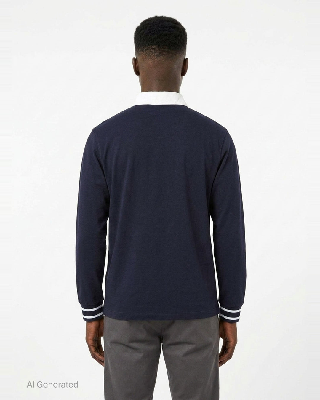 Drôle de Monsieur Slogan Long Sleeve Polo in navy with contrast white collar, striped ribbed cuffs, and 'Not From Paris Madame' chest embroidery - back