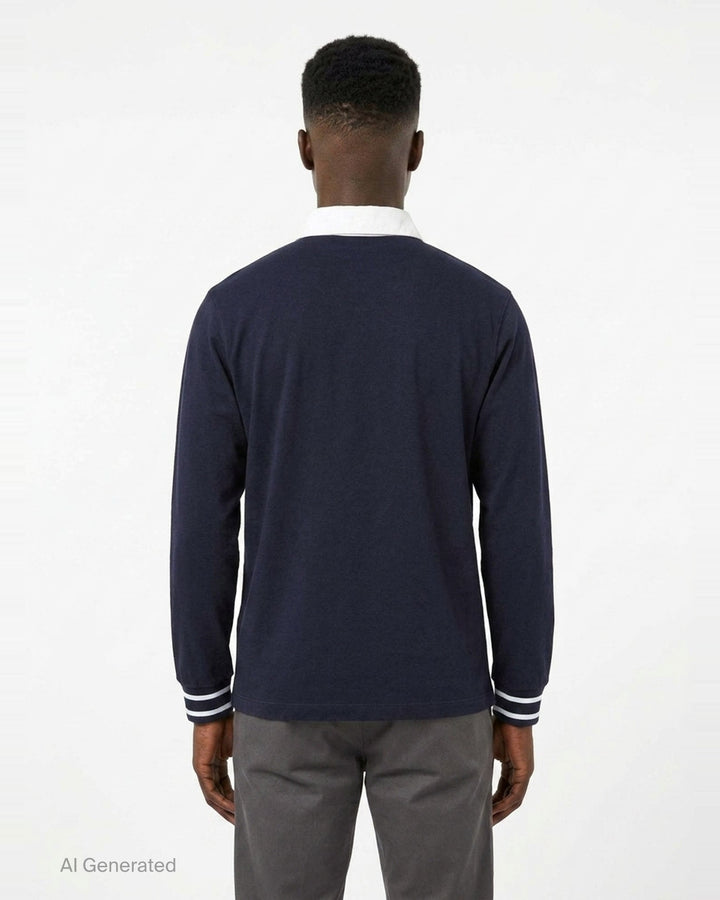 Drôle de Monsieur Slogan Long Sleeve Polo in navy with contrast white collar, striped ribbed cuffs, and 'Not From Paris Madame' chest embroidery - back