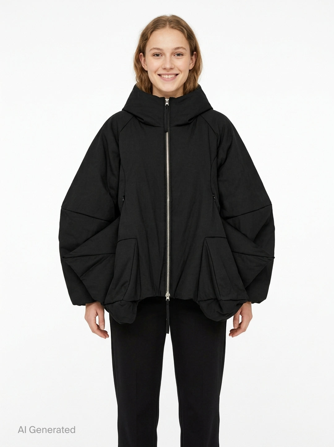 Enfold 3D Hem Hooded Coat in black, featuring a voluminous balloon hem, padded sculptural sleeves, full-length silver zip closure, and attached hood, displayed flat on a white background - front