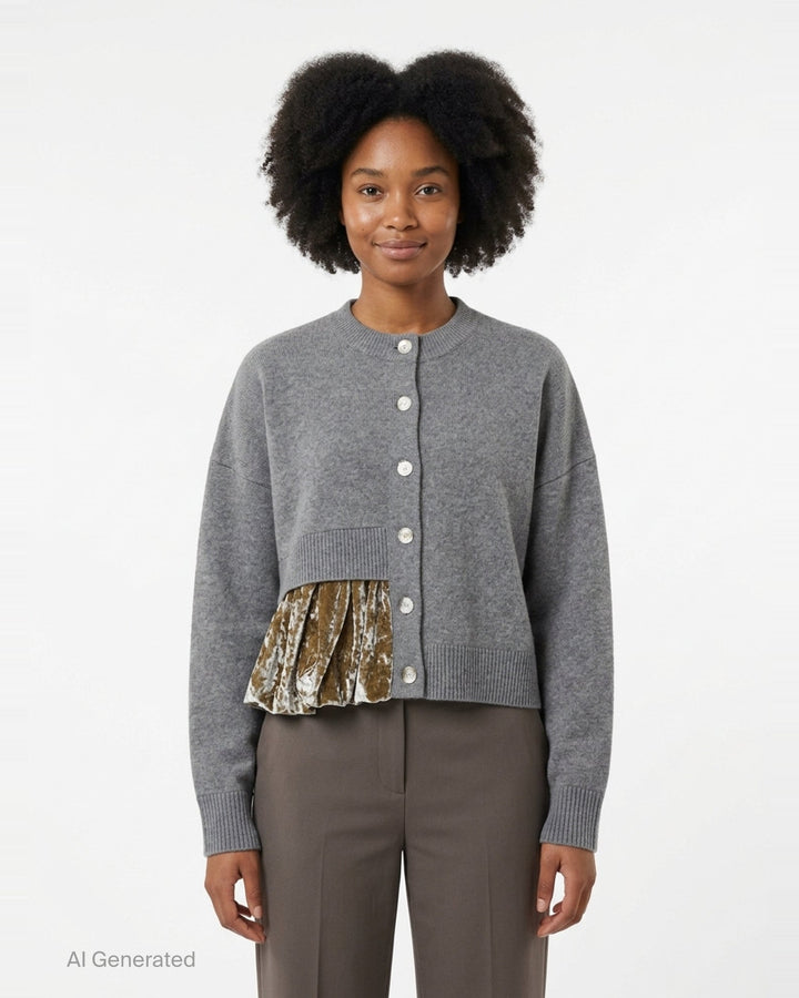 Enfold Balloon Hem Cardigan in heathered grey knit with mother-of-pearl button front closure and asymmetric crushed velvet gathered panel at the hem - front
