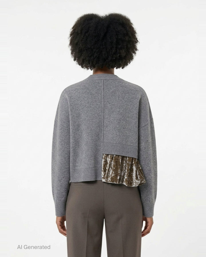 Enfold Balloon Hem Cardigan in heathered grey knit with mother-of-pearl button front closure and asymmetric crushed velvet gathered panel at the hem - back
