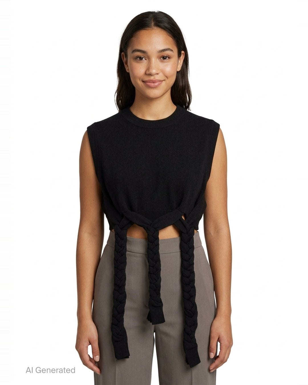 Enfold black ribbed knit cropped sleeveless vest with three braided fabric rope extensions hanging from the deconstructed hem, displayed flat on a white background - front