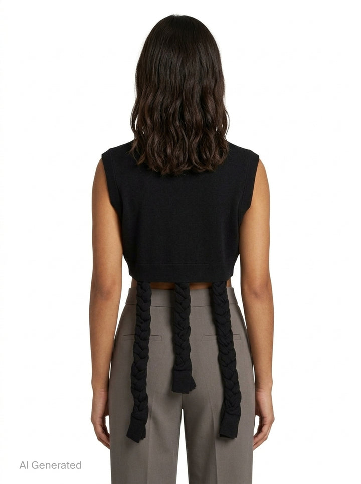 Enfold black ribbed knit cropped sleeveless vest with three braided fabric rope extensions hanging from the deconstructed hem, displayed flat on a white background - back