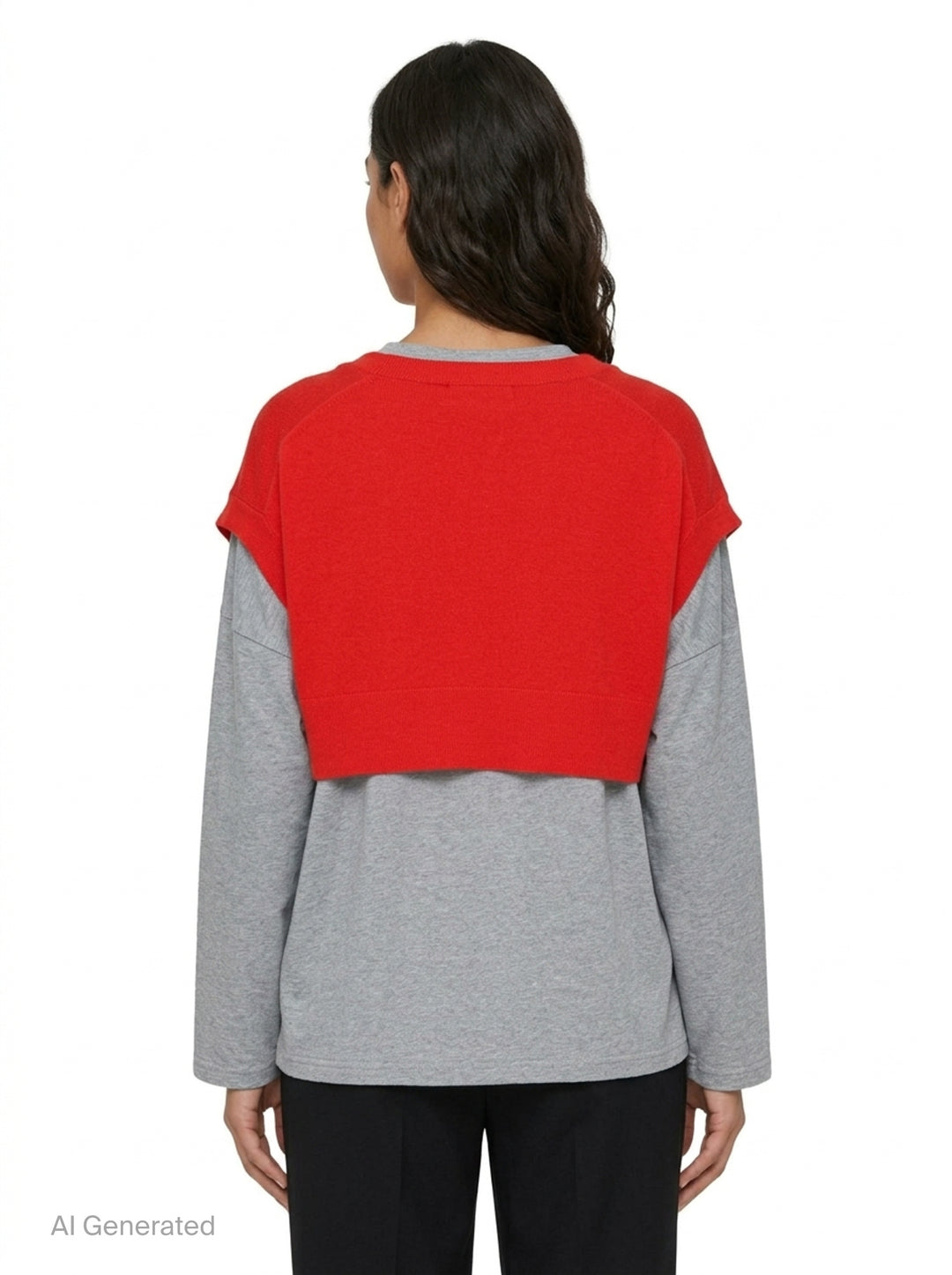 Enfold oversized grey marl long sleeve tee with attached red knitted cape draped over both shoulders and tied in a knot at the chest, styled flat on a white background - back