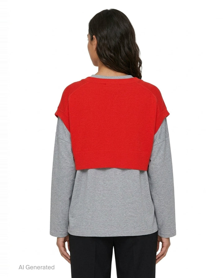 Enfold oversized grey marl long sleeve tee with attached red knitted cape draped over both shoulders and tied in a knot at the chest, styled flat on a white background - back