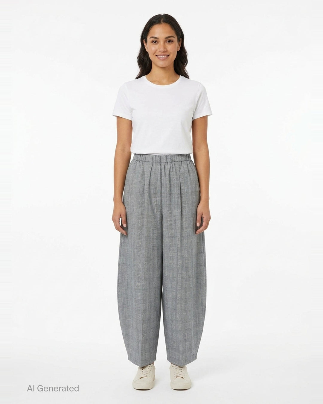 Enfold Checked Cocoon Pants in grey glen plaid with elasticated waistband, exaggerated wide-leg silhouette, and tapered hem — front view on white background - front