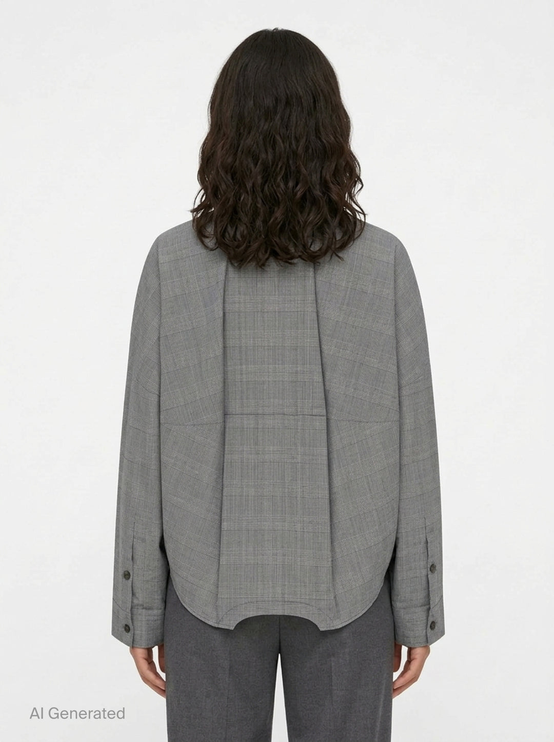 Enfold Checked Symmetry Cropped Shirt in grey glen plaid with a relaxed fit, button-front placket, and a curved structured hem panel - back
