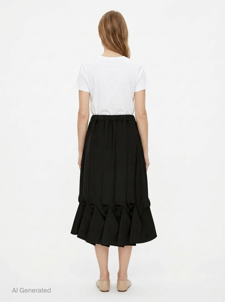 Enfold Draped Hem Midi Skirt in black, featuring vertical pleating, elasticated waistband, and a sculptural gathered ruffle hem, shown on a white background - back