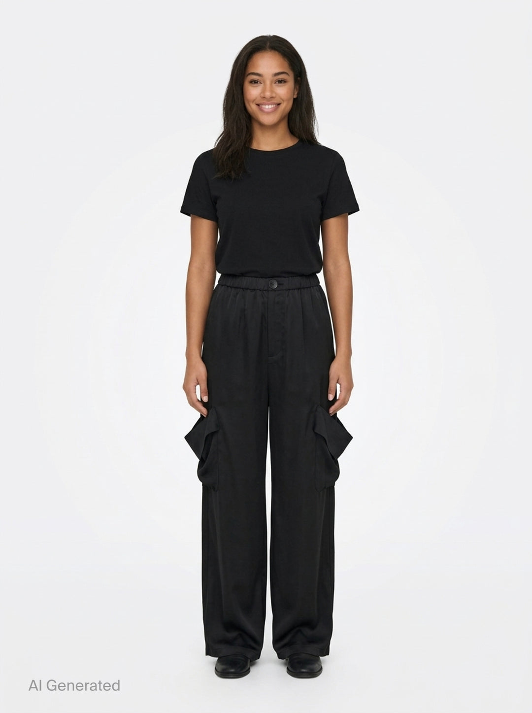 Enfold Draped Pocket Pants in black — wide-leg trousers with sculptural draped hip pockets and elasticated waistband, front view - front