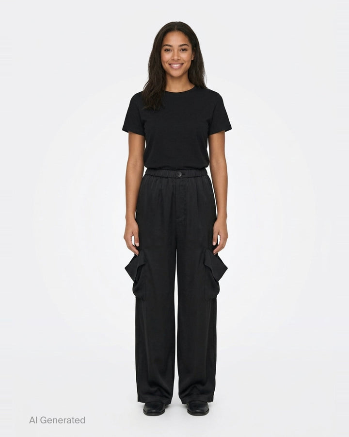 Enfold Draped Pocket Pants in black — wide-leg trousers with sculptural draped hip pockets and elasticated waistband, front view - front