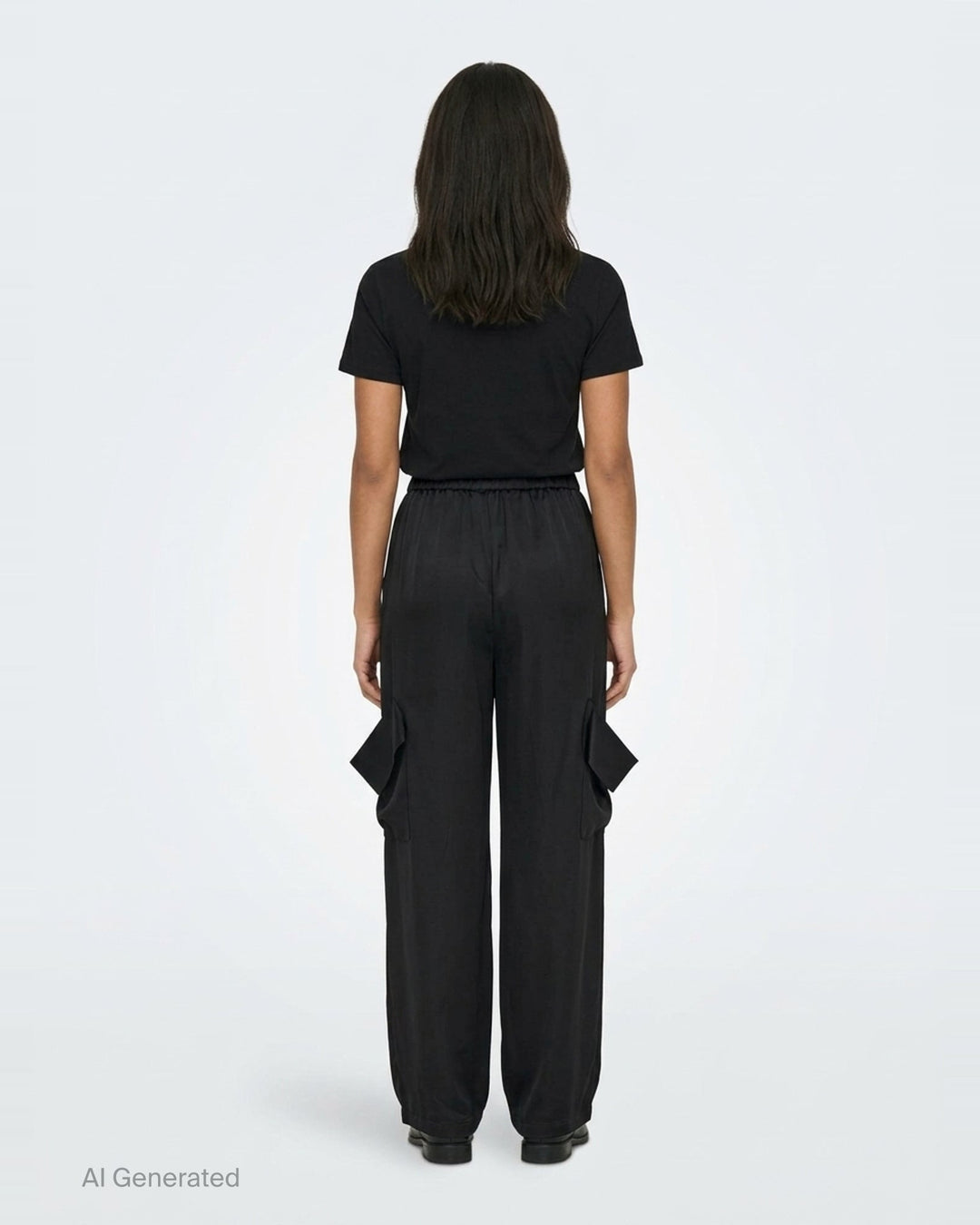 Enfold Draped Pocket Pants in black — wide-leg trousers with sculptural draped hip pockets and elasticated waistband, front view - back