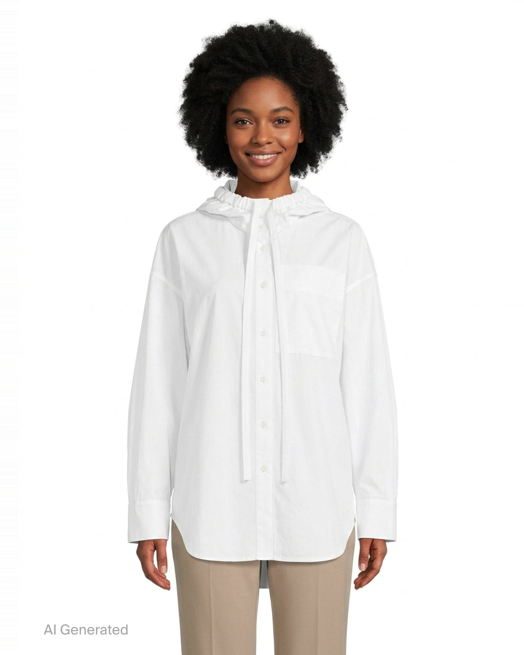 Enfold white oversized hooded button-up shirt with elasticated gathered hood, tonal buttons, long drawstring ties, and a single chest patch pocket - front