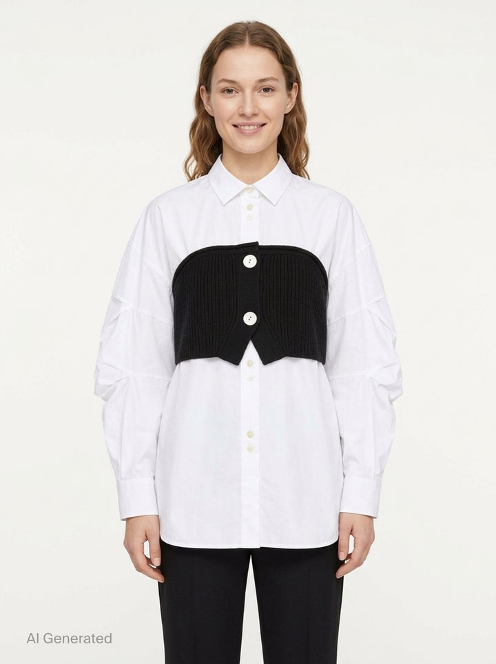 Enfold Knitted Docking Shirt — white cotton poplin long-sleeve shirt with integrated black ribbed knit bandeau panel featuring mother-of-pearl buttons and ruched sleeves, flat lay on white background - front