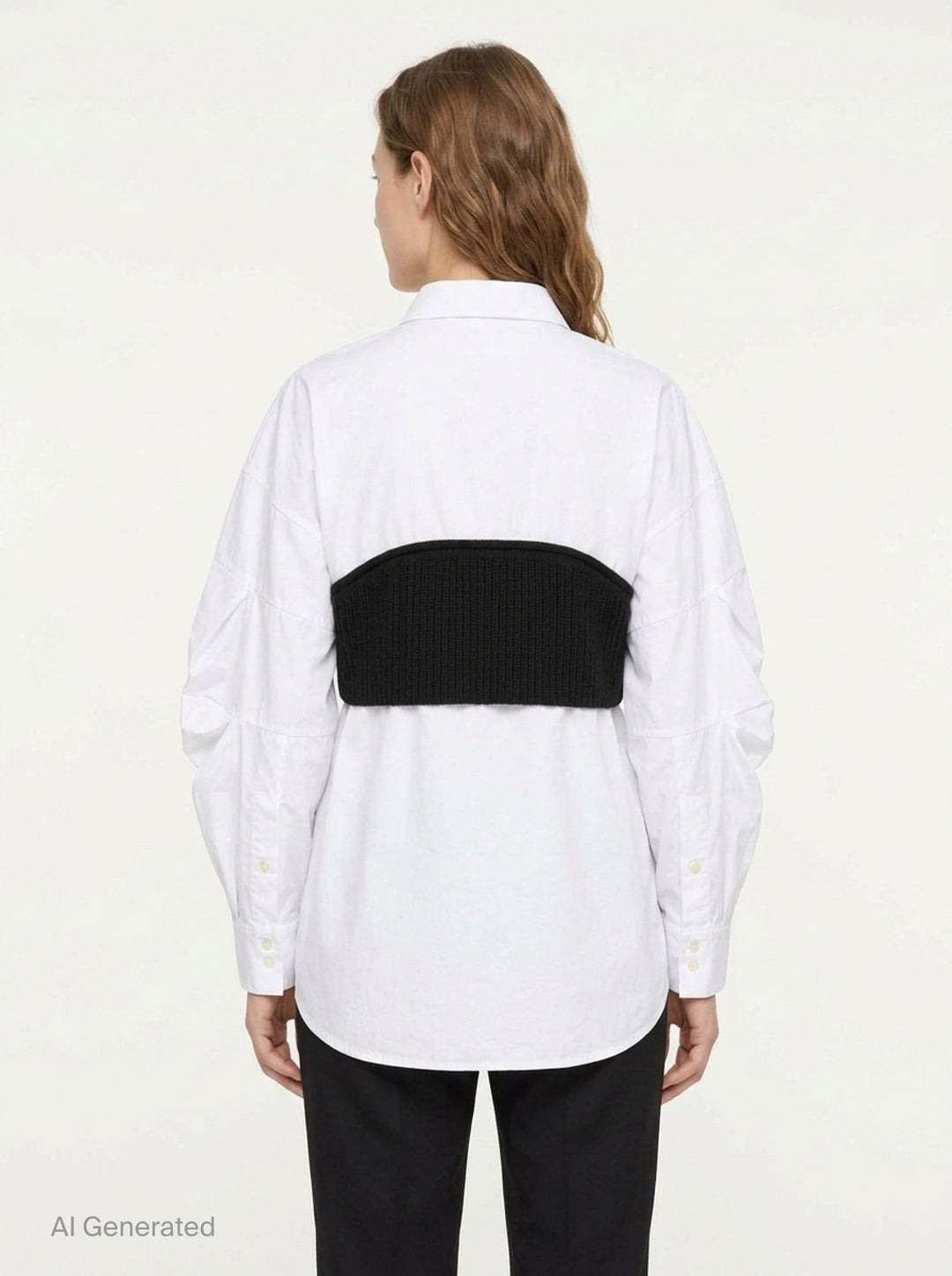 Enfold Knitted Docking Shirt — white cotton poplin long-sleeve shirt with integrated black ribbed knit bandeau panel featuring mother-of-pearl buttons and ruched sleeves, flat lay on white background - back