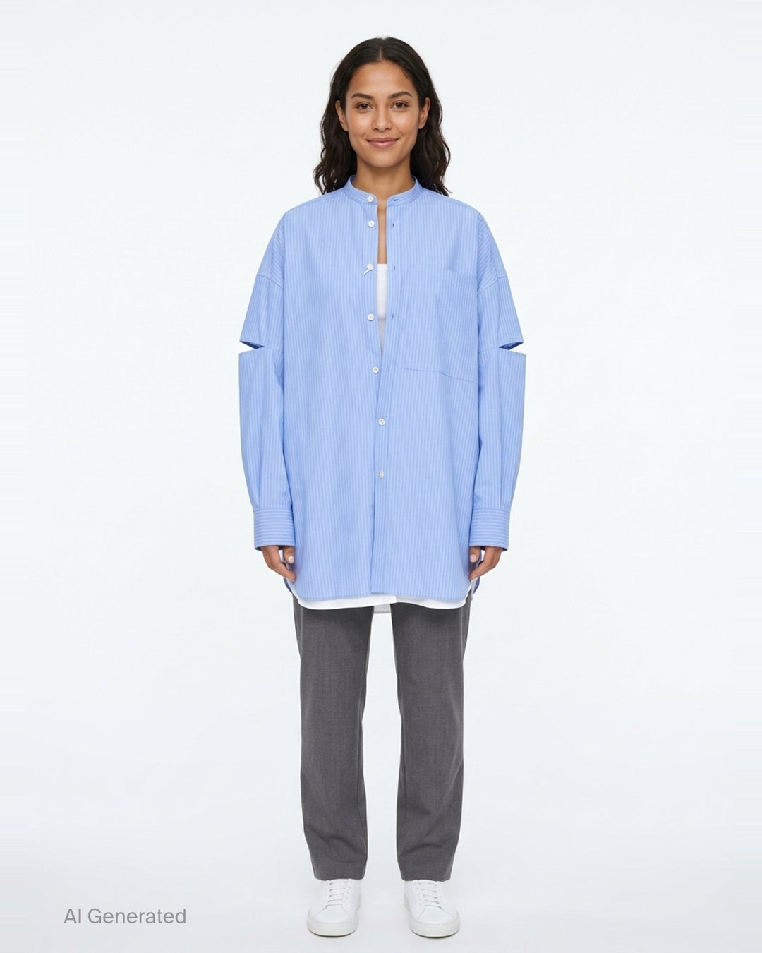 Enfold pale blue pinstripe oversized shirt with deconstructed cut-out sleeves, mandarin collar, white button placket, and a contrast white underlayer at the hem - front