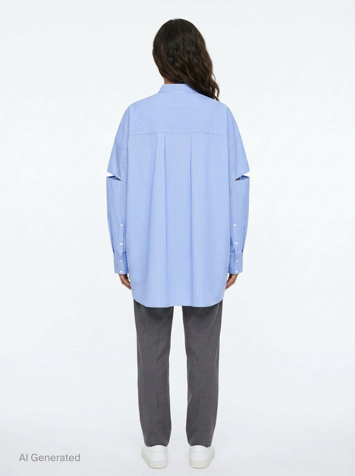 Enfold pale blue pinstripe oversized shirt with deconstructed cut-out sleeves, mandarin collar, white button placket, and a contrast white underlayer at the hem - back