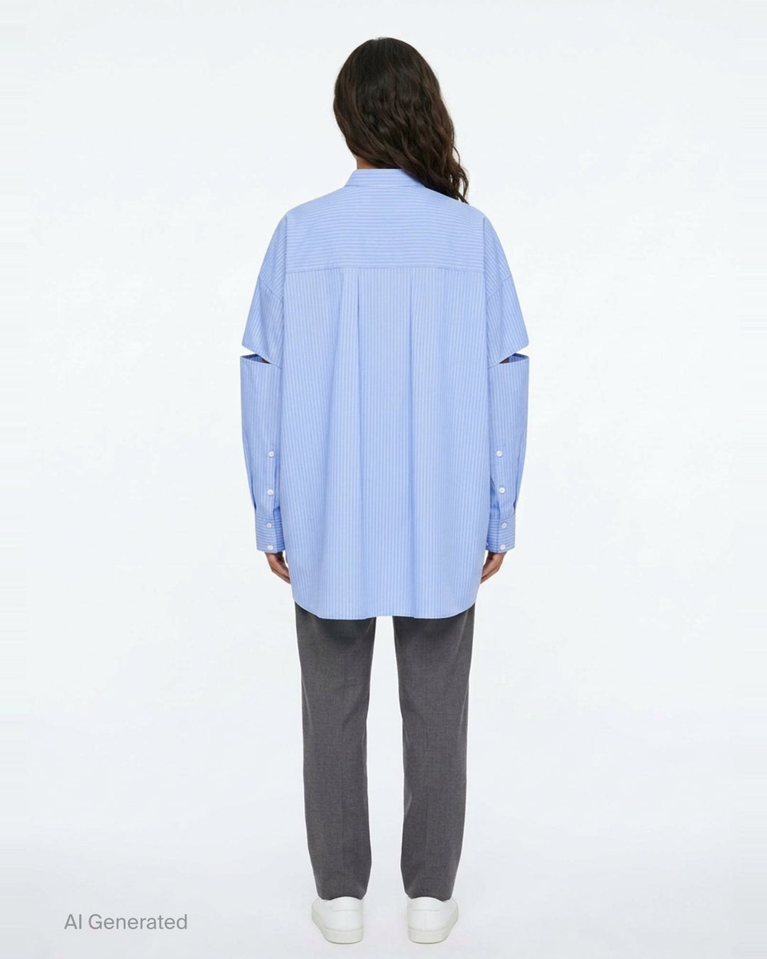 Enfold pale blue pinstripe oversized shirt with deconstructed cut-out sleeves, mandarin collar, white button placket, and a contrast white underlayer at the hem - back