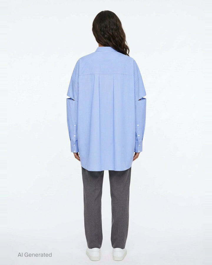 Enfold pale blue pinstripe oversized shirt with deconstructed cut-out sleeves, mandarin collar, white button placket, and a contrast white underlayer at the hem - back