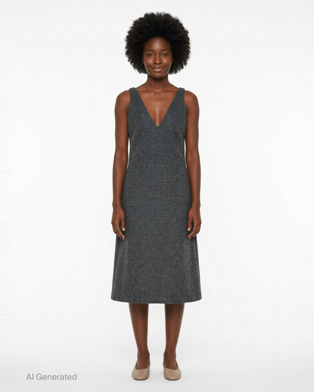 Enfold Sculpted Hem Dress in dark grey heathered wool-blend, featuring a deep V-neckline, broad shoulder straps, empire seam, and A-line silhouette with a flared hem — flat lay on white background - front