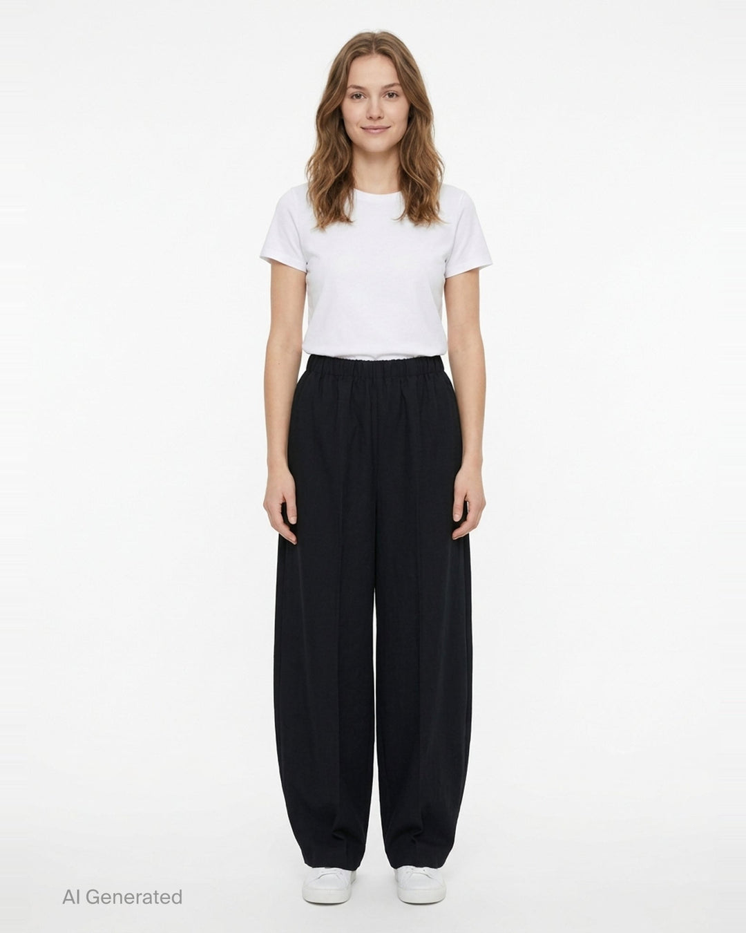 Enfold Straight Cocoon Pants in black — voluminous wide-leg silhouette with gathered elasticated waistband and tapered hem, front view on white background - front