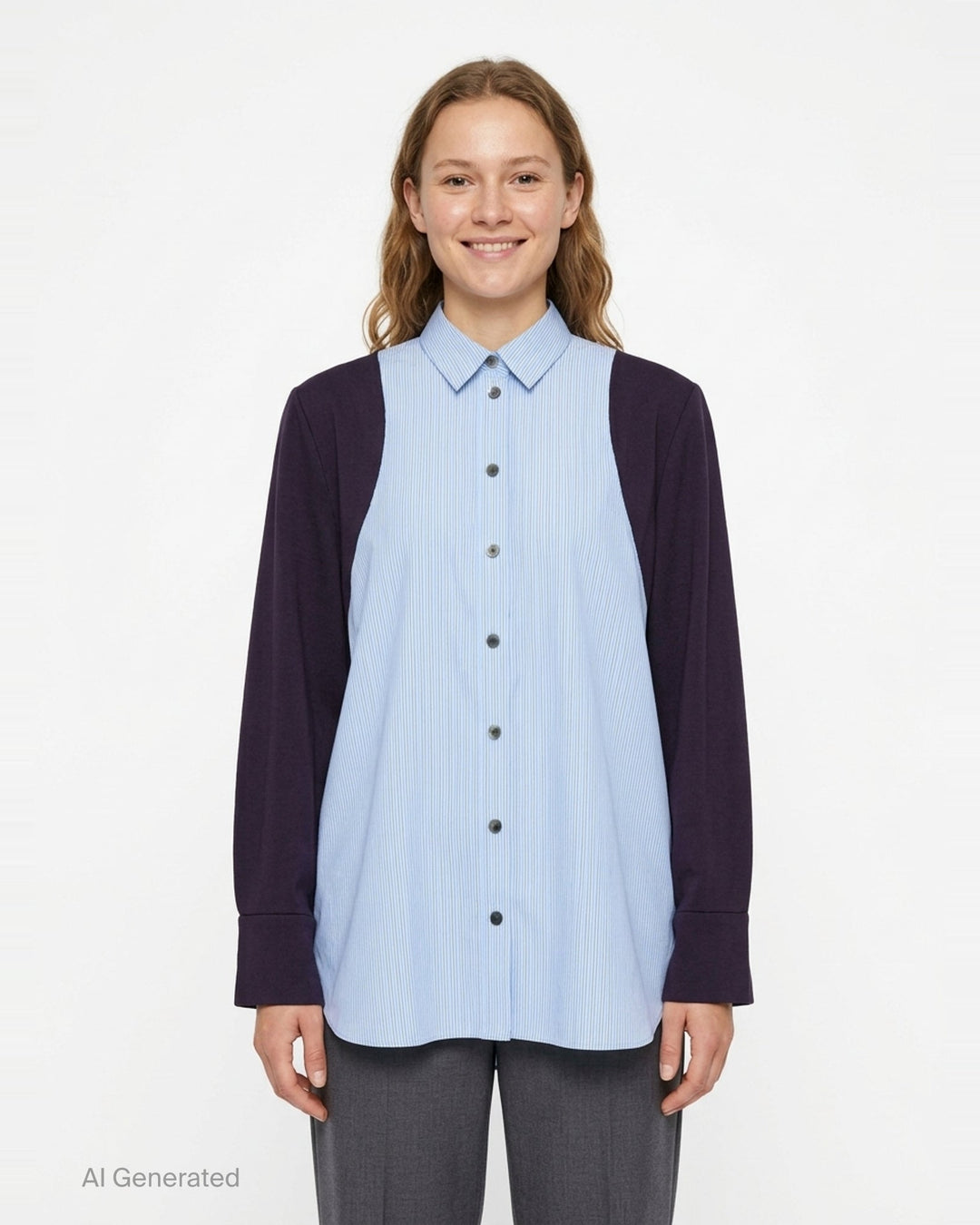 Enfold striped colorblock shirt with blue pinstripe body and deep plum long sleeves, featuring gunmetal buttons and wide contrast cuffs, on a white background - front