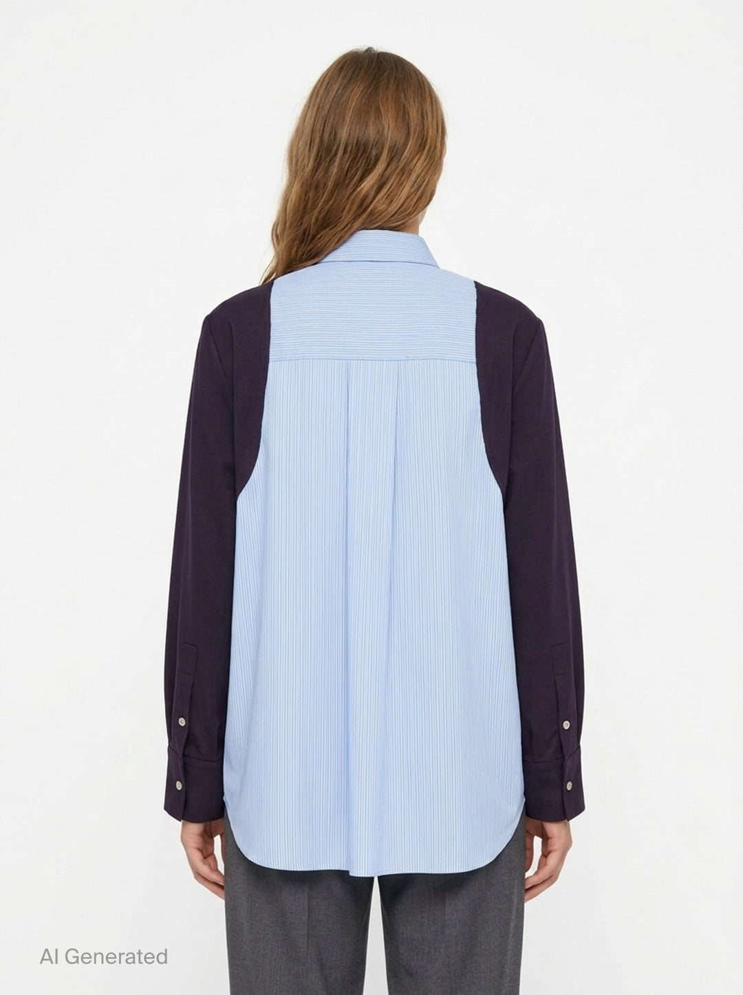 Enfold striped colorblock shirt with blue pinstripe body and deep plum long sleeves, featuring gunmetal buttons and wide contrast cuffs, on a white background - back
