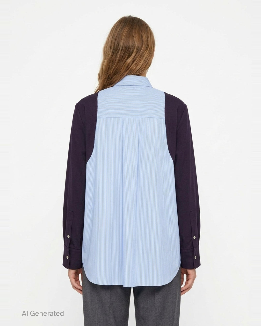 Enfold striped colorblock shirt with blue pinstripe body and deep plum long sleeves, featuring gunmetal buttons and wide contrast cuffs, on a white background - back