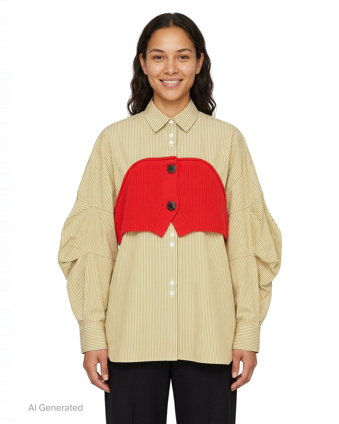 Enfold Striped Knitted Docking Shirt in yellow and white stripes with an attached red ribbed knit bolero overlay, dark horn buttons, and voluminous gathered sleeves, front view on white background - front