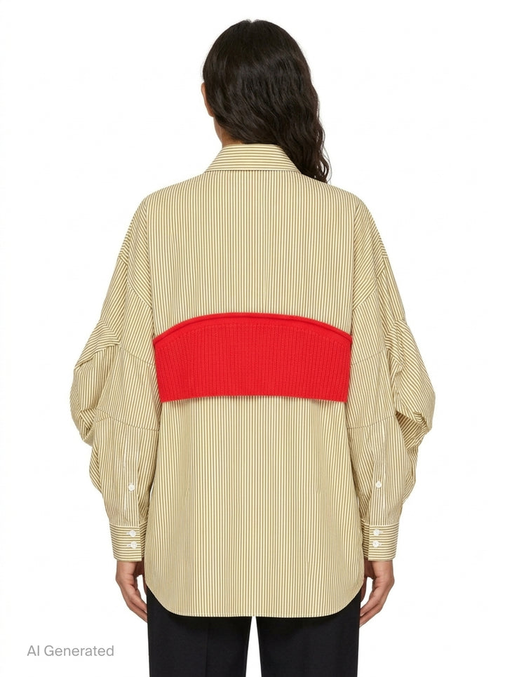 Enfold Striped Knitted Docking Shirt in yellow and white stripes with an attached red ribbed knit bolero overlay, dark horn buttons, and voluminous gathered sleeves, front view on white background - back