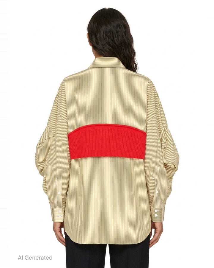 Enfold Striped Knitted Docking Shirt in yellow and white stripes with an attached red ribbed knit bolero overlay, dark horn buttons, and voluminous gathered sleeves, front view on white background - back
