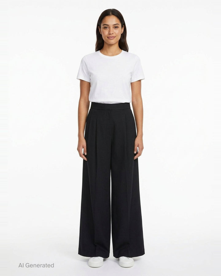 Enfold black wide-leg pleated trousers with high waistband and deep front pleats, shown flat against a white background - front