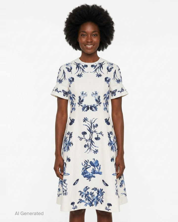 Floral Cotton Faille Short Sleeve Dress | Erdem | Club21 - front
