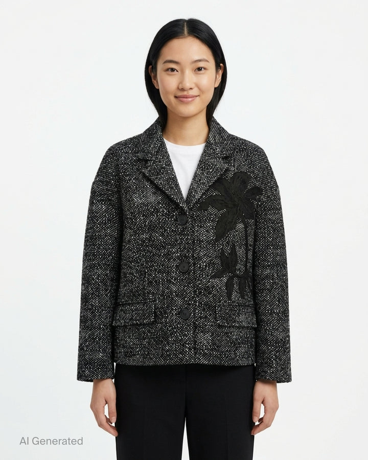 Erdem cropped jacket in salt-and-pepper wool tweed with notched lapels, three black buttons, flap pockets and a black botanical appliqué on the front - front