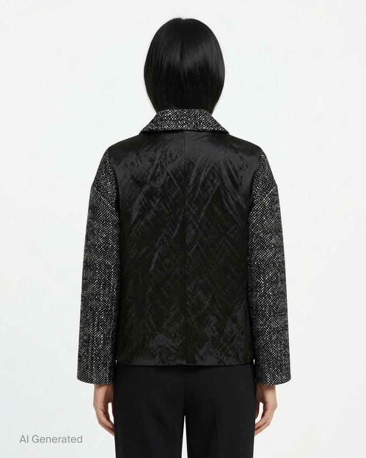 Erdem cropped jacket in salt-and-pepper wool tweed with notched lapels, three black buttons, flap pockets and a black botanical appliqué on the front - back