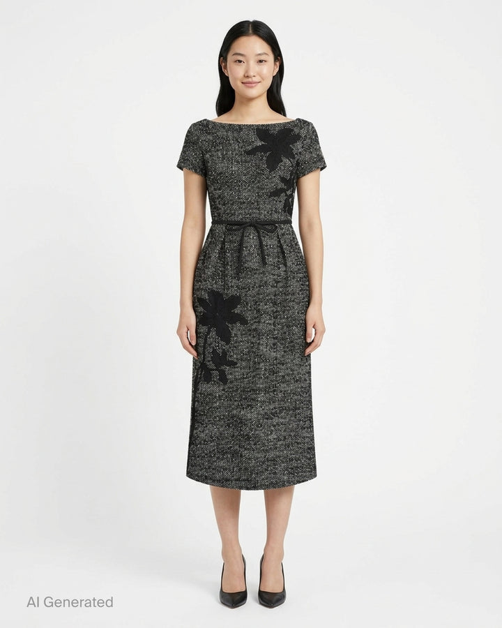 Erdem salt and pepper wool short sleeve midi dress with black floral appliqué, boat neckline and bow belt - front