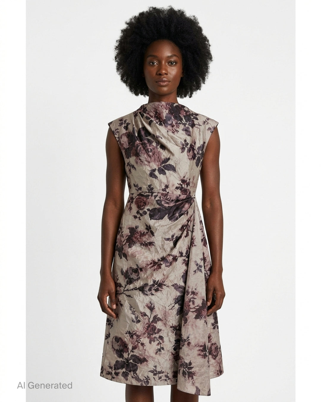 Erdem textured satin midi dress with a muted rose print, draped neckline, cap sleeves and cascading side drape - front