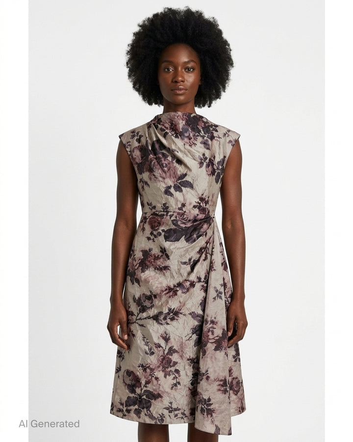 Erdem textured satin midi dress with a muted rose print, draped neckline, cap sleeves and cascading side drape - front