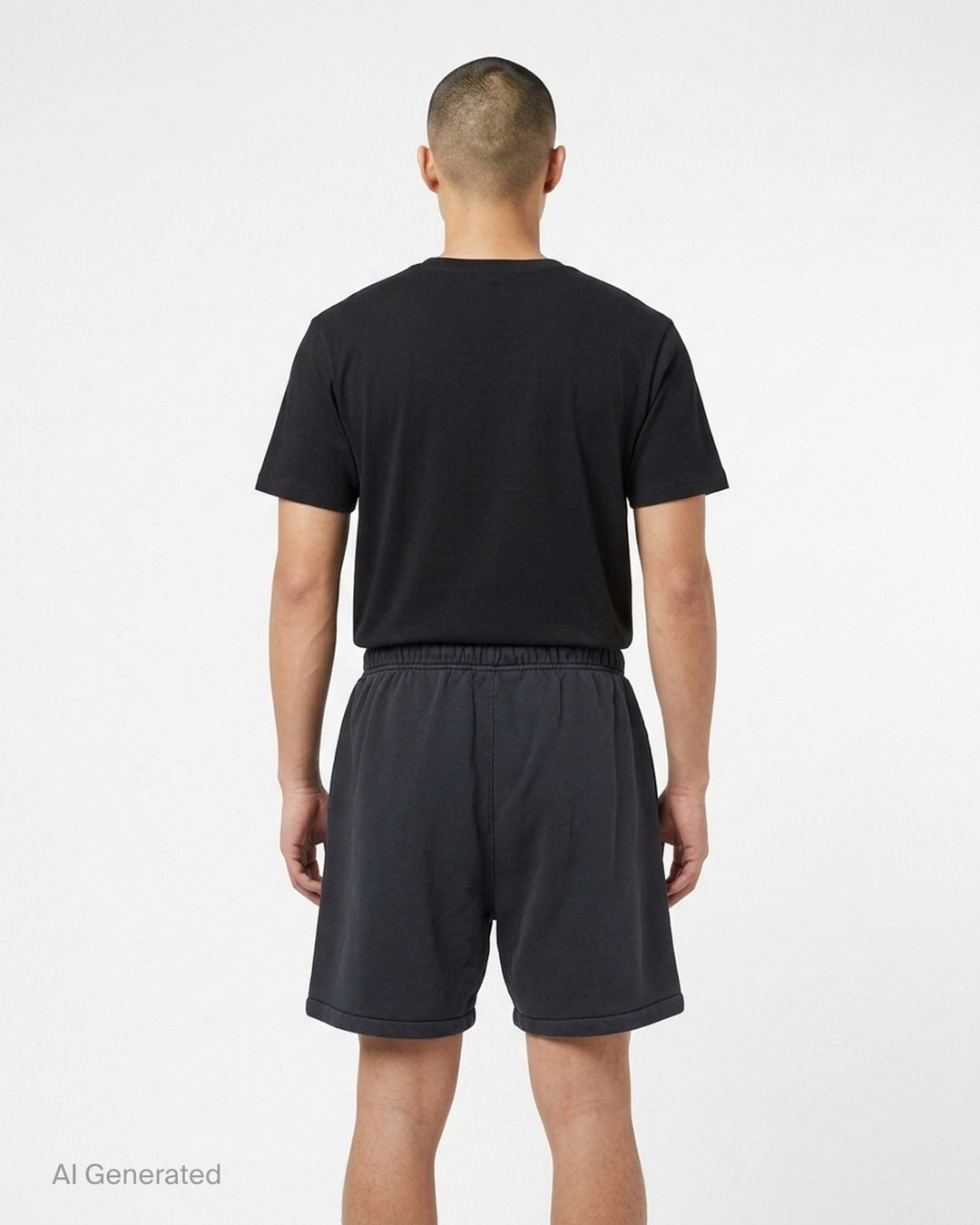 Fear of God Essentials washed black fleece shorts with drawstring waist and beige 'fog' logo print at the hem - back