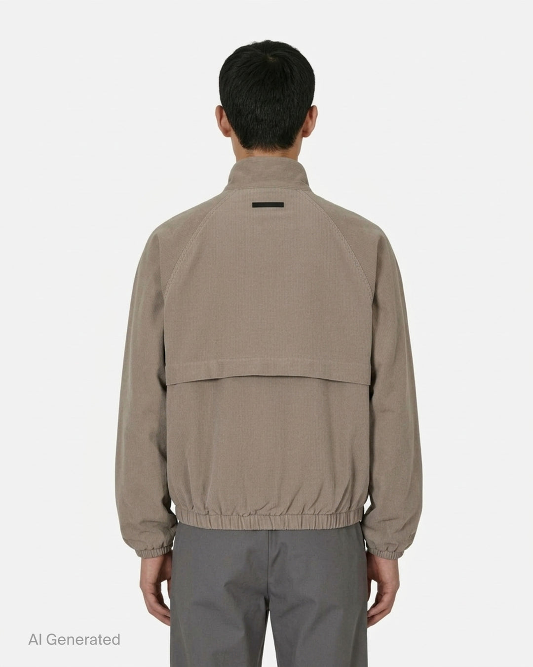 Fear of God Essentials Modern Filled Blouson Jacket in taupe, featuring a full-length zip, stand collar, raglan sleeves, and elasticated hem and cuffs, shown flat on a white background - back