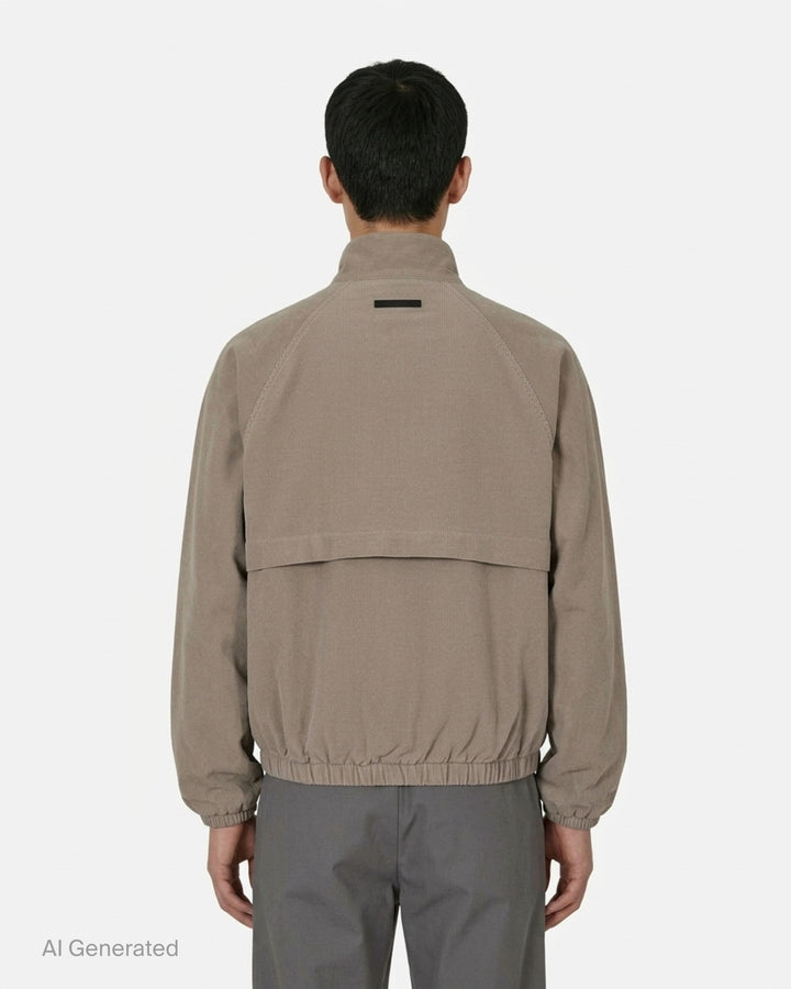 Fear of God Essentials Modern Filled Blouson Jacket in taupe, featuring a full-length zip, stand collar, raglan sleeves, and elasticated hem and cuffs, shown flat on a white background - back