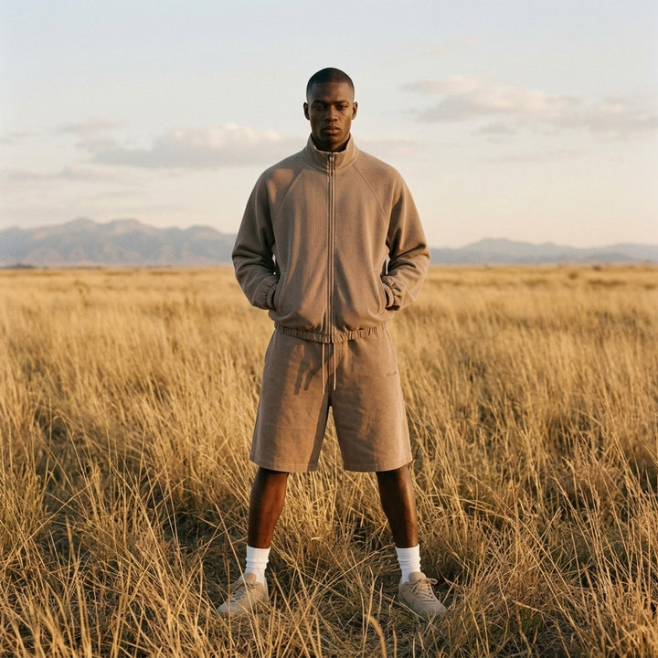 Fear of God Essentials Modern Filled Blouson Jacket in taupe, featuring a full-length zip, stand collar, raglan sleeves, and elasticated hem and cuffs, shown flat on a white background - lifestyle