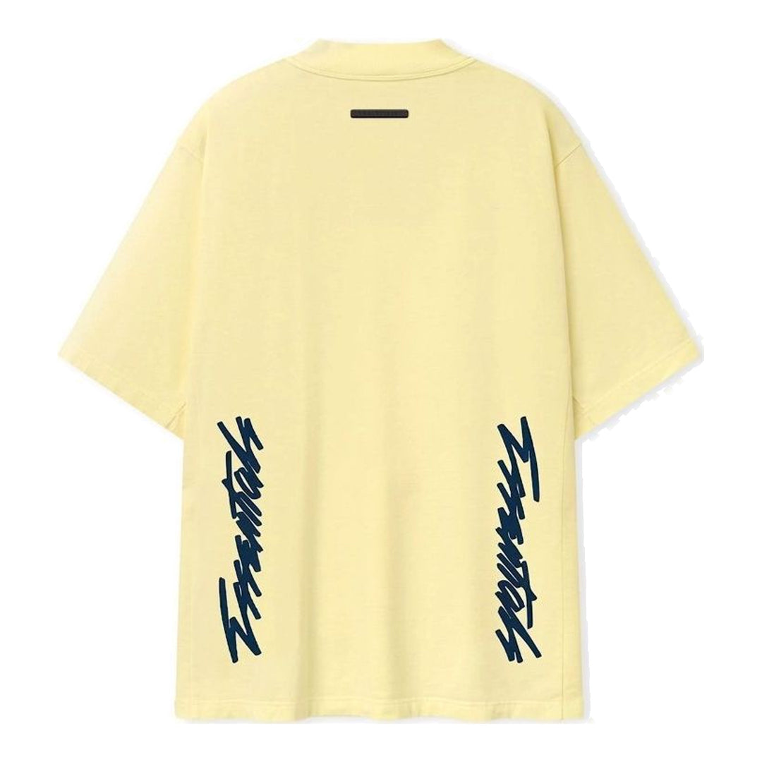 Fear of God ESSENTIALS Panelled Modern Tee in deep teal with a yellow logo graphic at the chest, shown from the front - packshot