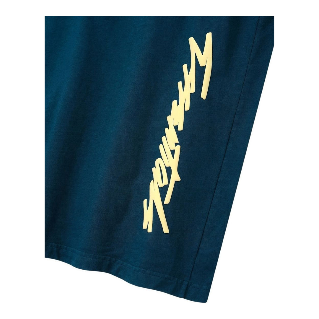 Fear of God ESSENTIALS Panelled Modern Tee in deep teal with a yellow logo graphic at the chest, shown from the front - packshot