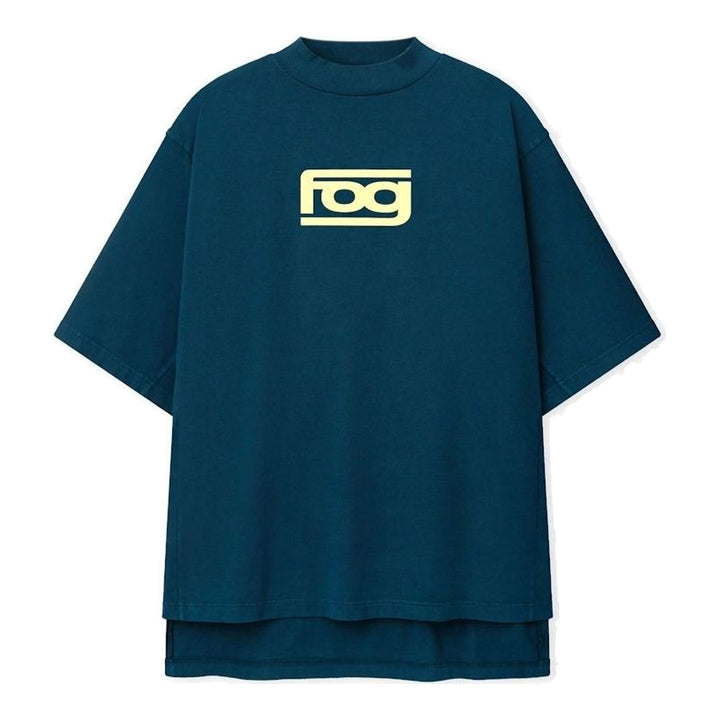 Fear of God ESSENTIALS Panelled Modern Tee in deep teal with a yellow logo graphic at the chest, shown from the front - packshot
