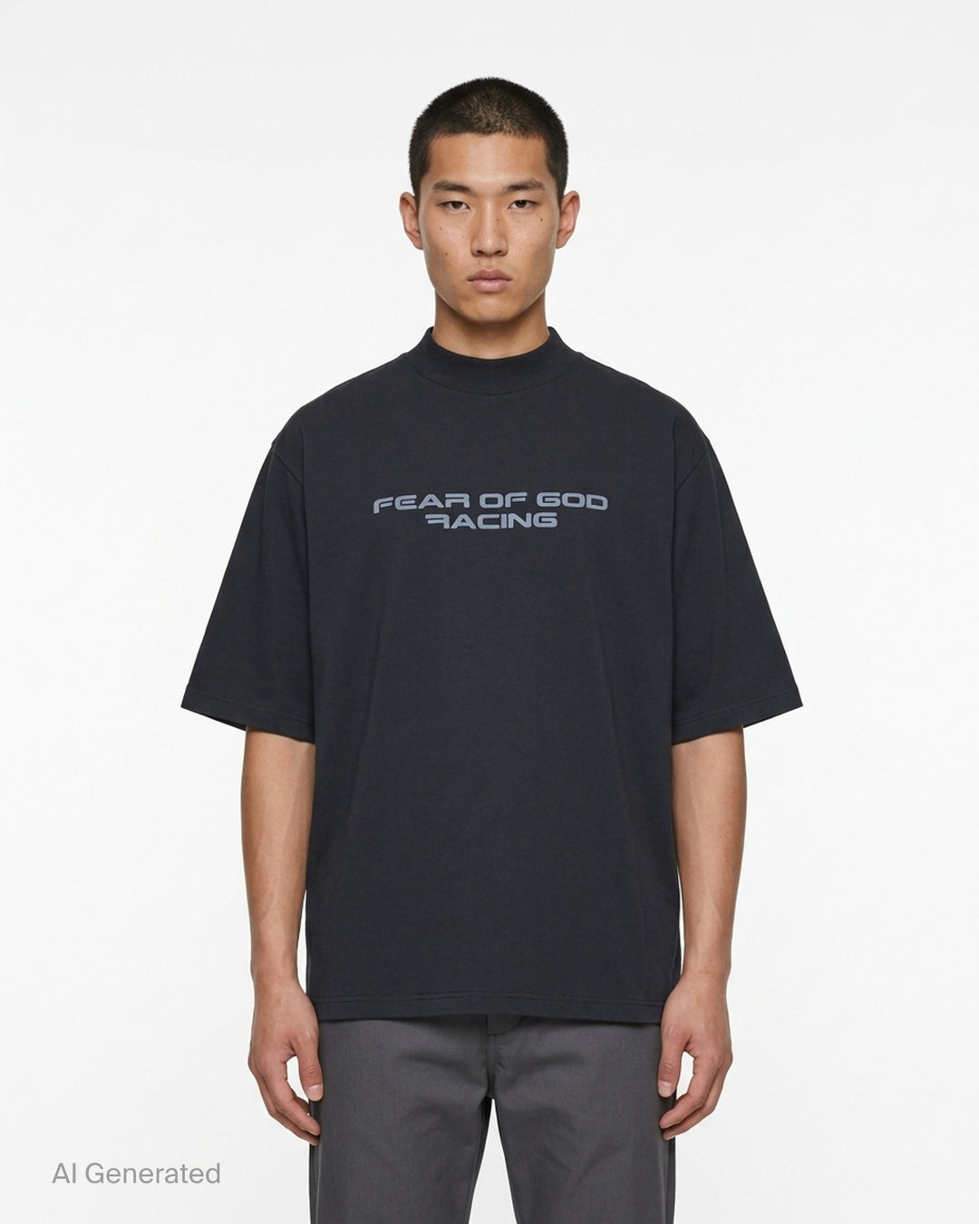 Fear of God Essentials Racing Panelled Modern Tee in black with a mock neck, oversized short sleeves, tiered hem and grey "Fear of God Racing" graphic on the chest - front