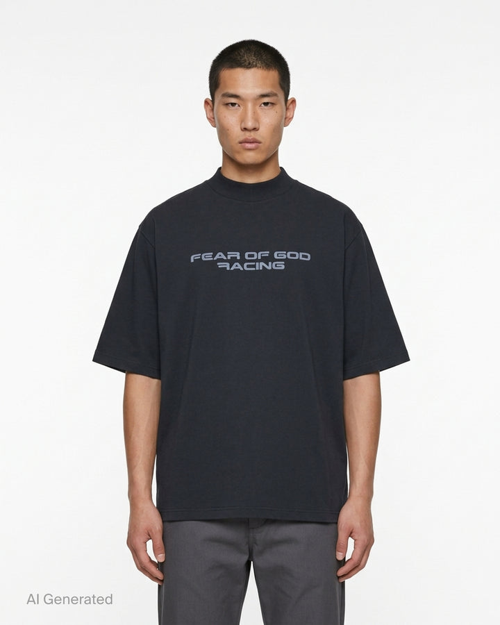 Fear of God Essentials Racing Panelled Modern Tee in black with a mock neck, oversized short sleeves, tiered hem and grey "Fear of God Racing" graphic on the chest - front