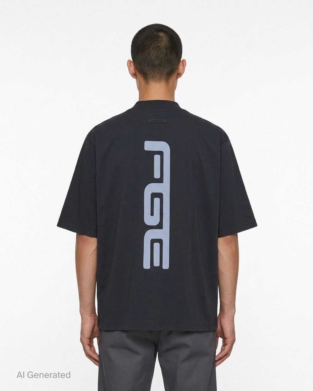 Fear of God Essentials Racing Panelled Modern Tee in black with a mock neck, oversized short sleeves, tiered hem and grey "Fear of God Racing" graphic on the chest - back