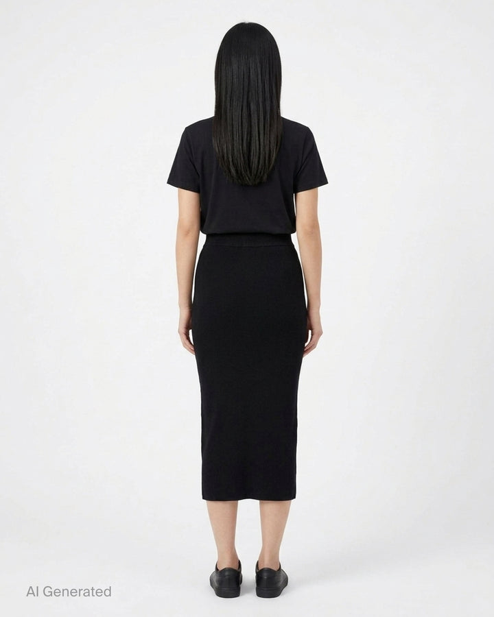 Fear of God Essentials black rib knit long midi skirt with wide elasticated waistband and tonal rubber logo tab, flat lay on white background - back