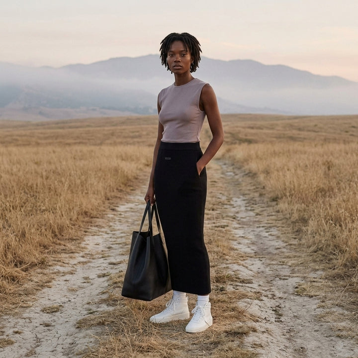 Fear of God Essentials black rib knit long midi skirt with wide elasticated waistband and tonal rubber logo tab, flat lay on white background - lifestyle